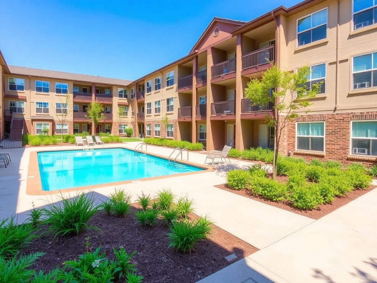 Apartment community courtyard with pool and landscaping