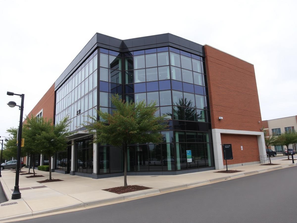 Commercial office building exterior with glass facade