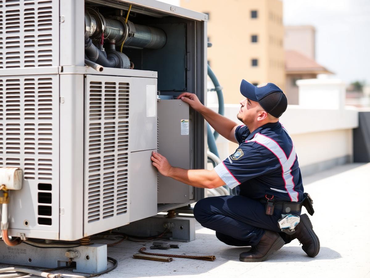 Technician servicing a rooftop HVAC unit at a property