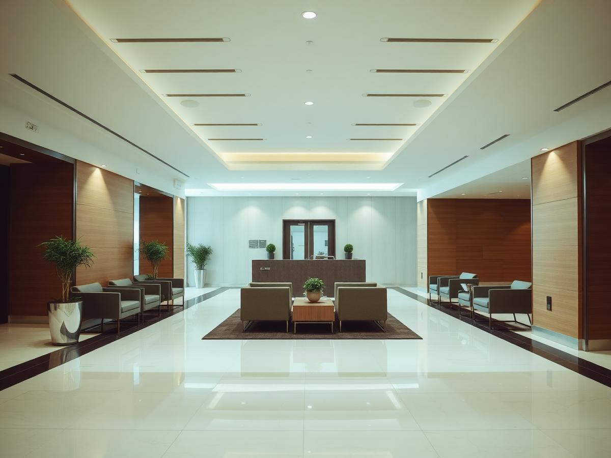 Commercial lobby with polished floors and modern seating