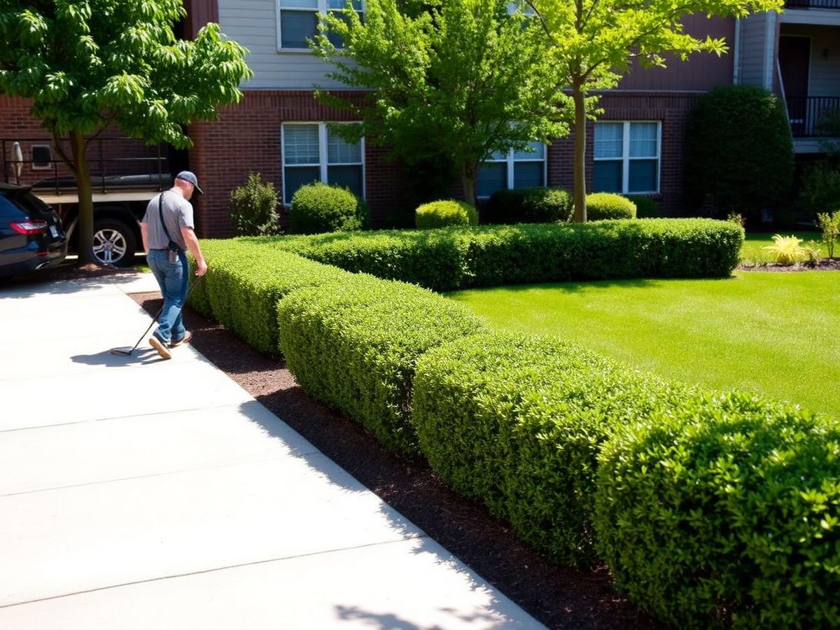 Grounds crew maintaining hedges outside an apartment community